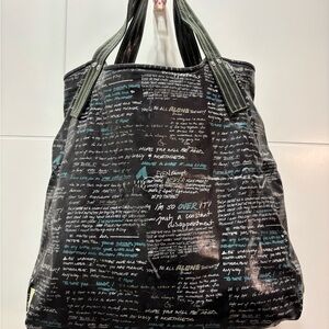 Stylish Black and Blue Text Print Tote Bag
